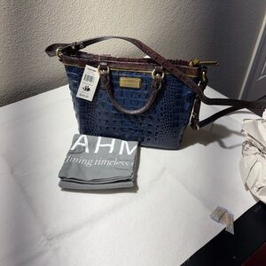 Brahmin Navy Croc-Embossed Crossbody with Brown Trim